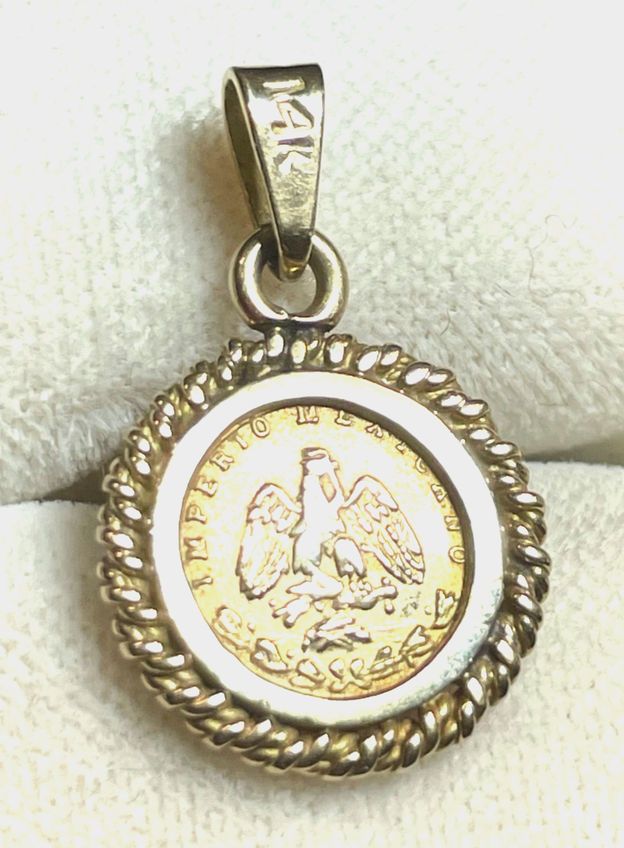 585 Gold 14 K Gelbgold Anhänger Charm mexikanische Münze in Fassung Münzanhänger3