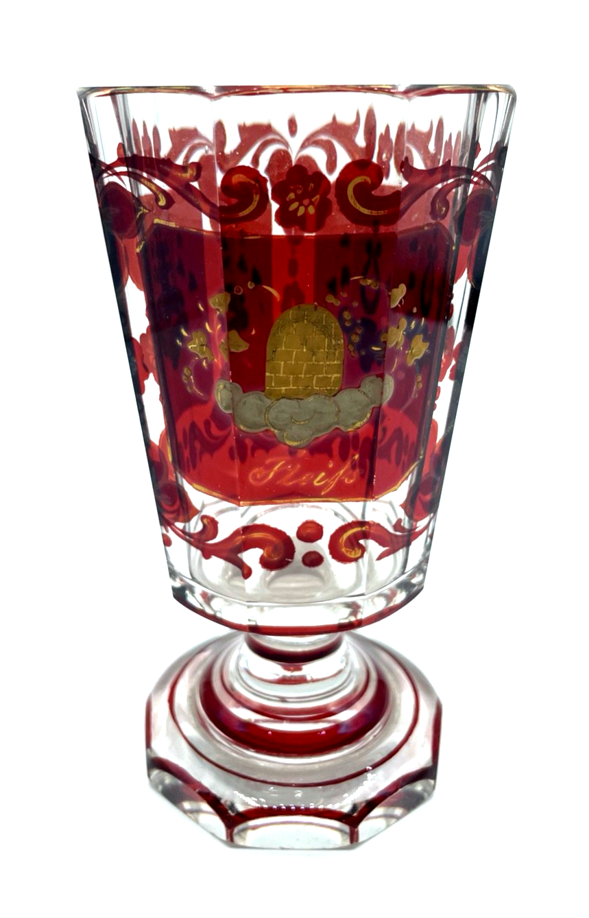 Biedermeier Pokal Überfang Glas Becher Ranftbecher handbemalt + Gold Dekor0