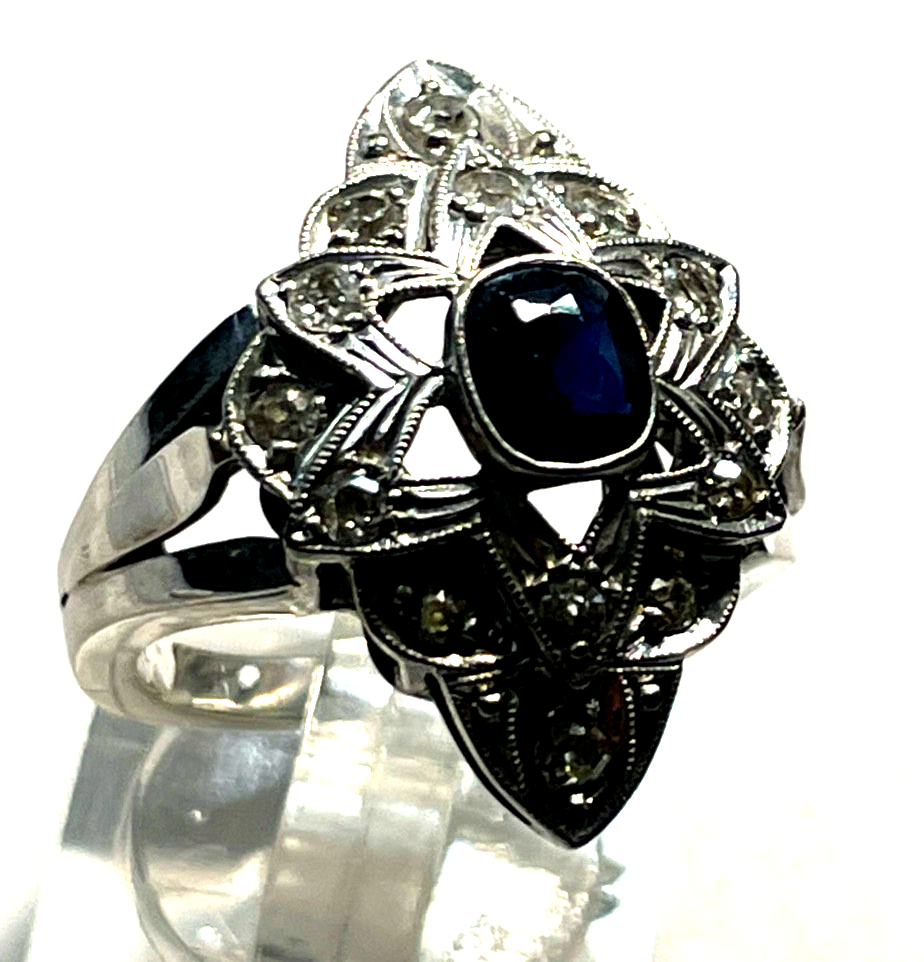 750 Gold Ring Weißgold Art Déco 14 Altschliff Brillanten + Saphir Juwelier1