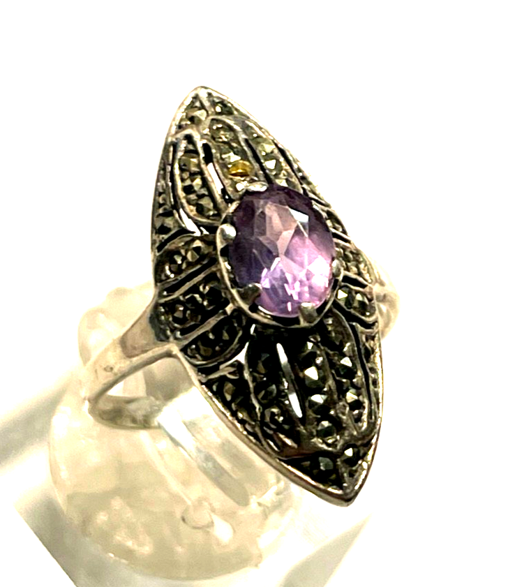 925 Silber Ring mit 1 Amethyst + Markasit antikstil  RG 53 Ø 17mm0