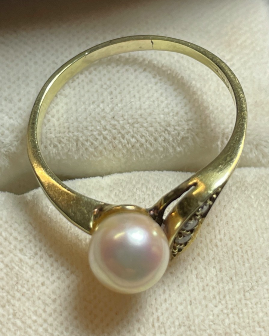 585 Gold 14 K Gelbgold Ring Südsee Perle Brillanten 0,06 ct Ø 18,5 mm RG 58 gepf3