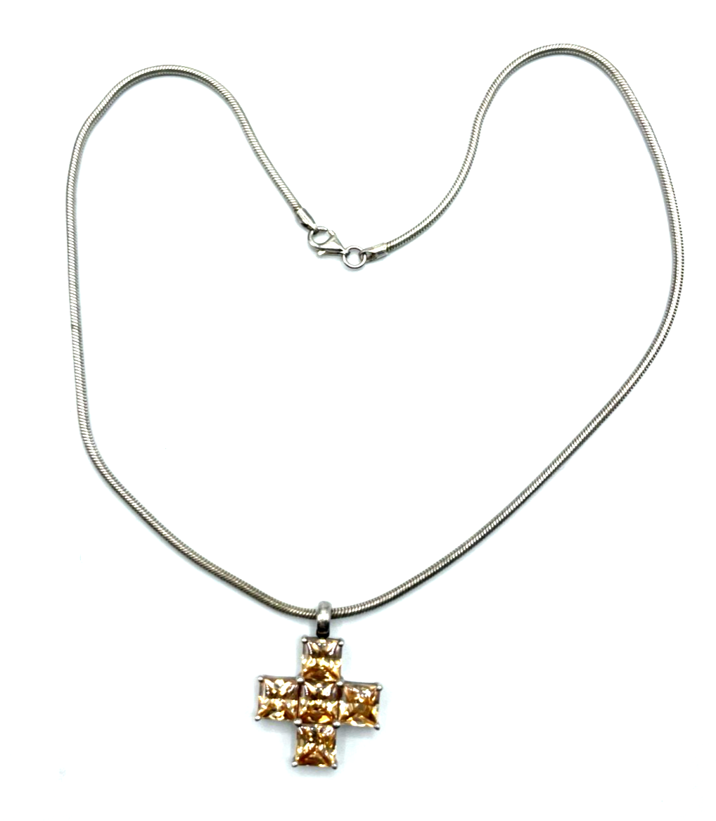925 Silber Kette Schlangenkette 42 cm mit Kreuz Anhänger Cognac o. Citrin farbig3