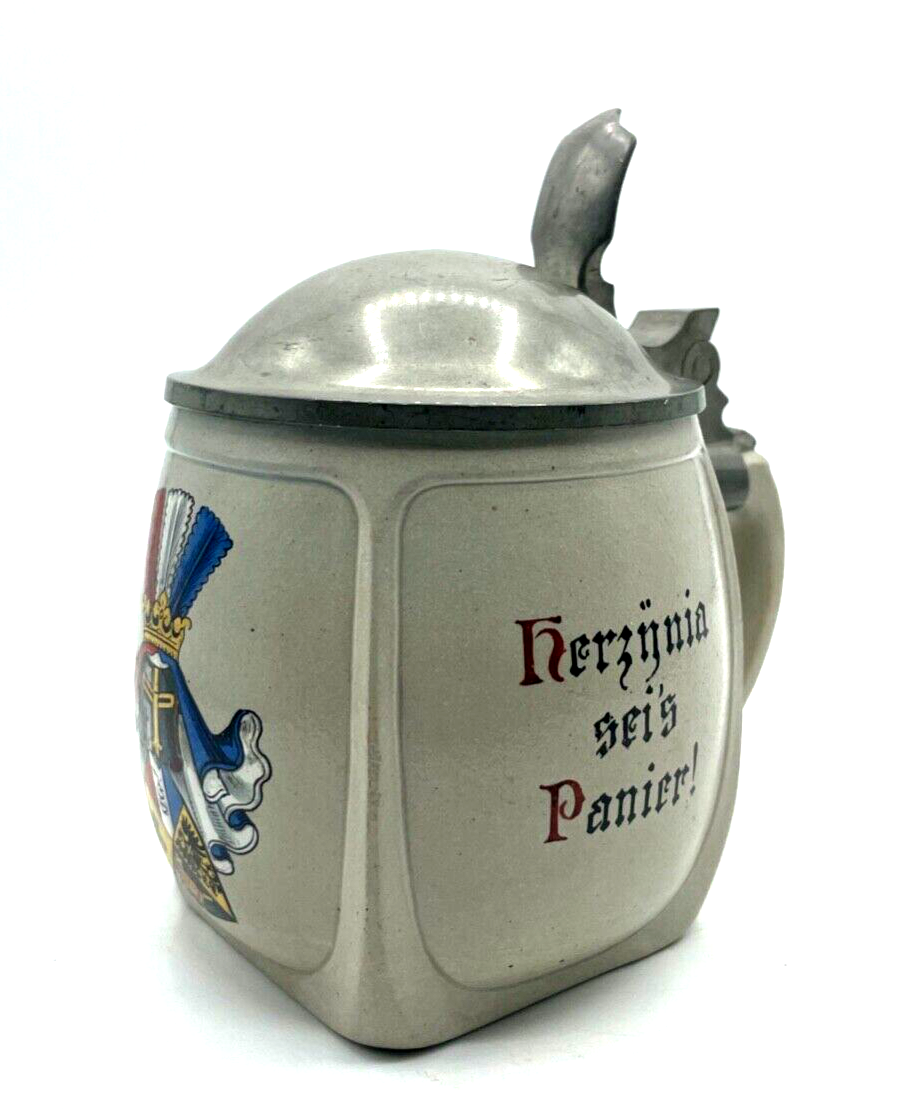 Antik Steinzeug Bierkrug Studentika Burschenschaft Herzÿnia sei's Panier! 0,5 L0