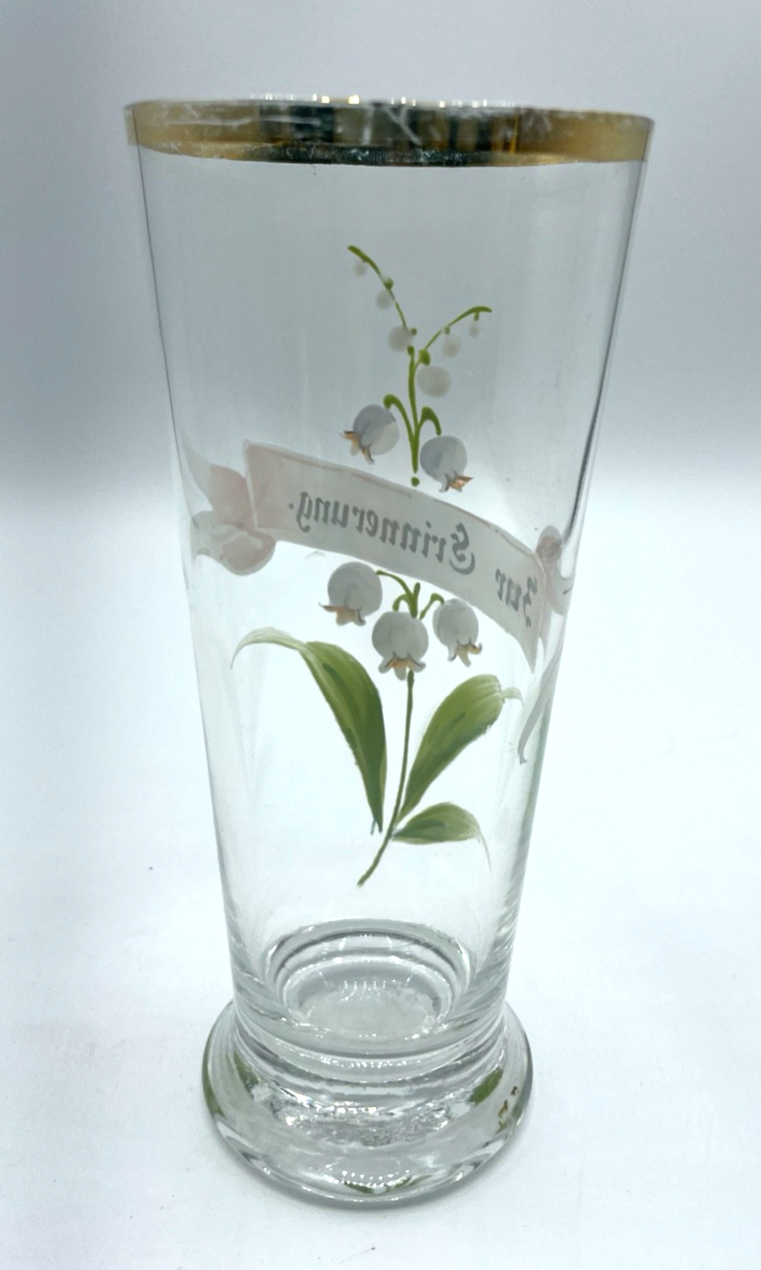 Antik Glas handbemalt Jugendstil Andenkenglas zur Erinnerung Maiglöckchen 6/20 L3