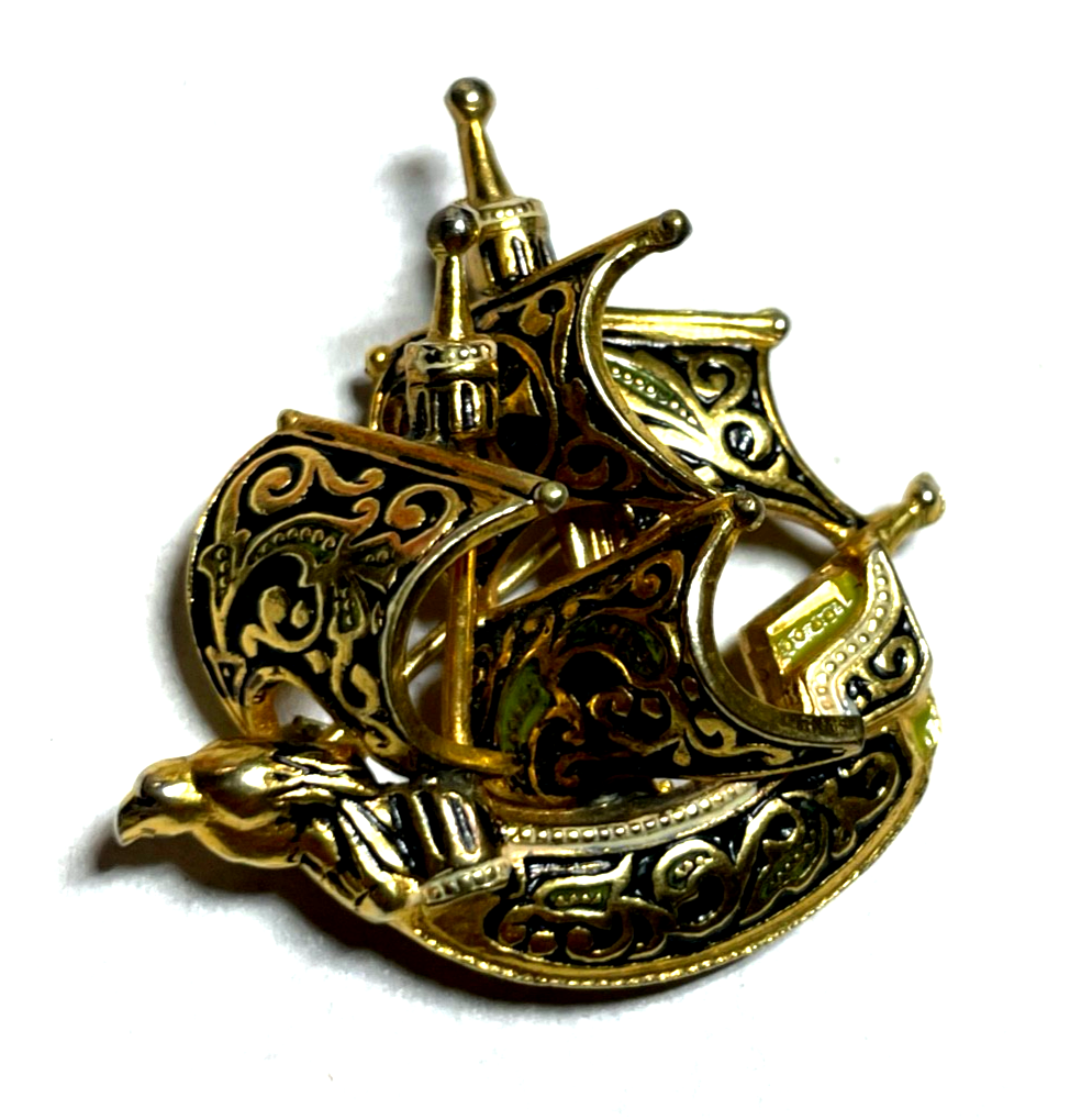 Vintage Toledo Brosche  Anstecknadel Schiff  Damaszener Handarbeit vergoldet rar0
