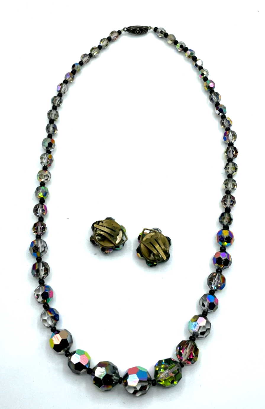 Antik Aurora Borealis Kristall Set Halskette + Clips Ohrclips original 50erJ6