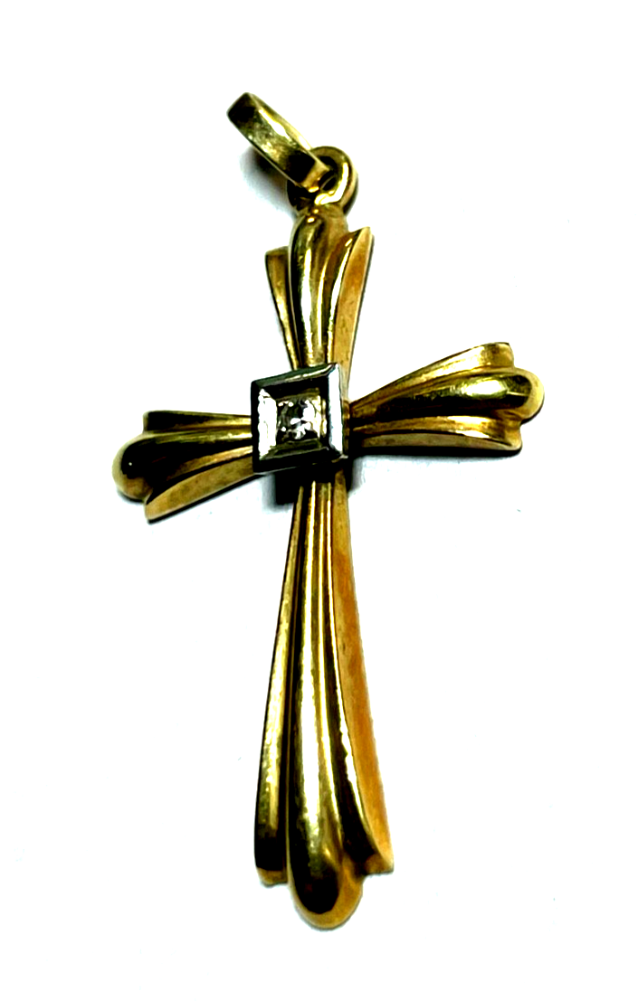 585 Gold 14 K Gelbgold Anhänger Kreuz mit kl. Brillant im antik Stil Juwelier4