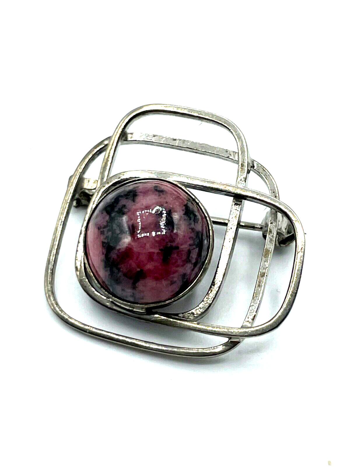 70er J Design 925 Silber Anstecknadel Handarbeit Rhodochrosit Cabochon rund1