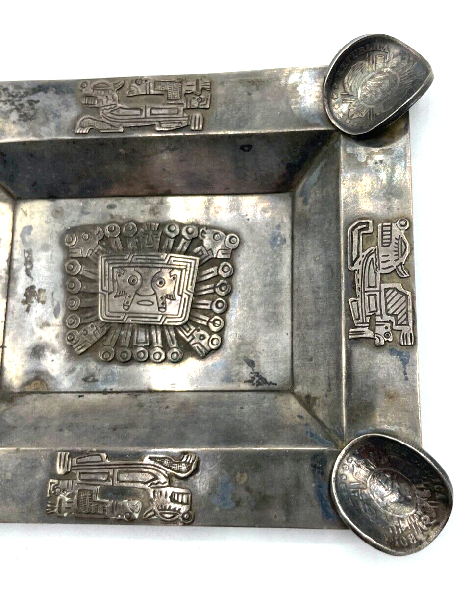 Vintage Silber Ascher Aschenbecher Maya Azteken Inka Motiv  70 Gr. Handarbeit3