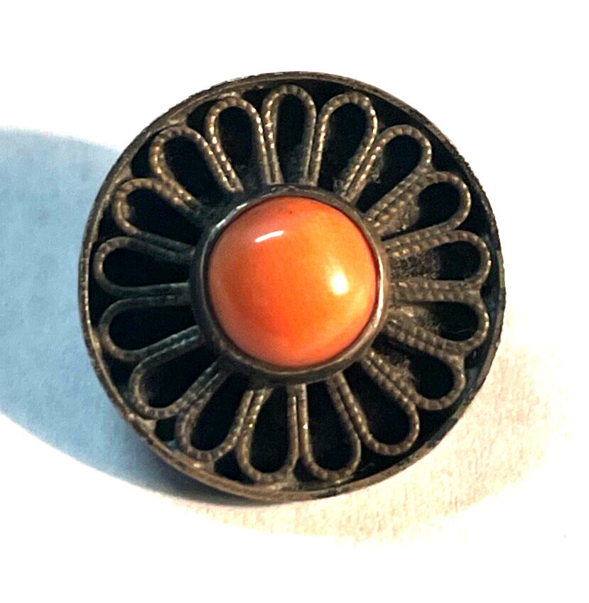 Antik 835 Silber Brosche Anstecknadel Koralle solide Handarbeit Ø 20 mm 30er J1