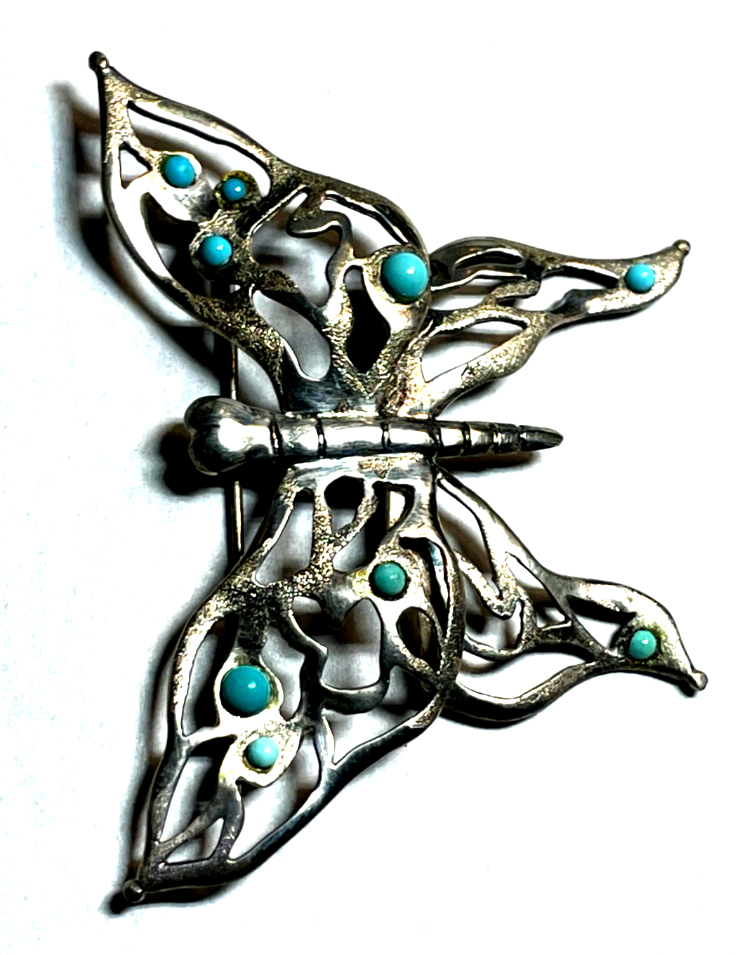 Gr. 925 Sterling Silber Schmetterling Brosche Anhänger mit 9 Türkisen Handarbeit8