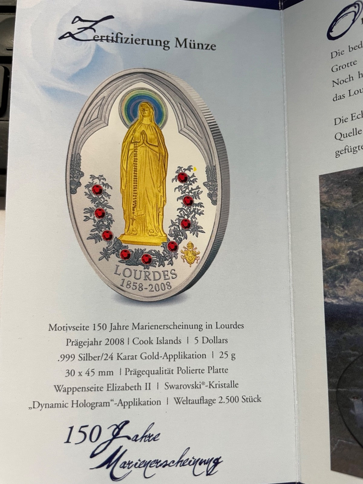 5 Dollar Cook Inseln 25 Gr. Silber Papst Benedikt XVI. in Lourdes 2008 in Box7