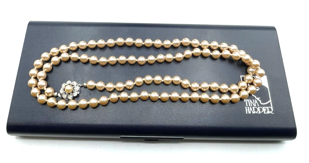 Vintage Tina Harper 68 cm Perlenkette apricot Ø 7,5 mm mit Box Modeschmuck gepfl7