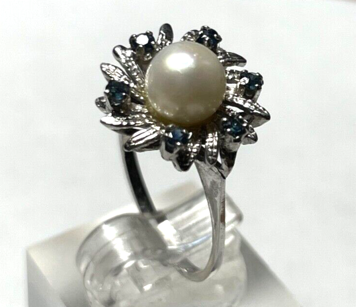 750 Gold 18 K Ring Weißgold Perle + 6 Saphir klassisch Ø 16,2 mm RG 51 Juwelier0