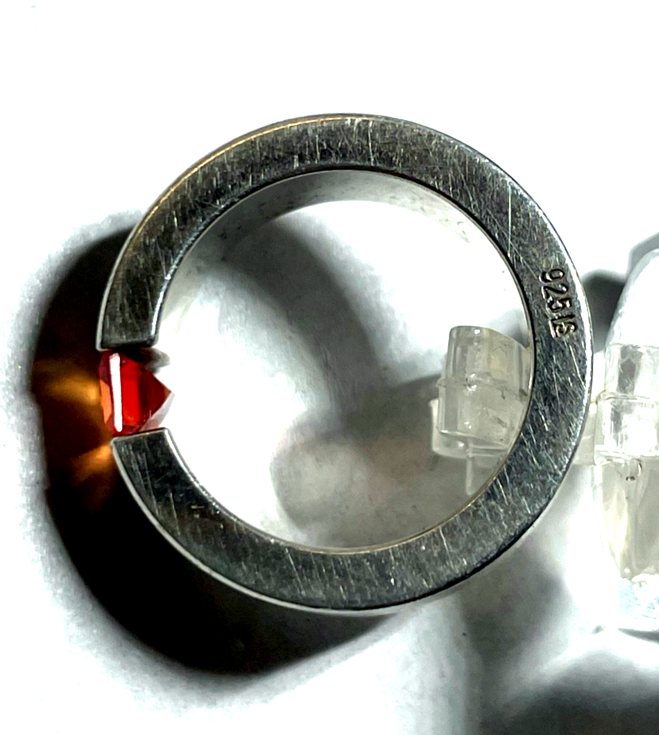 925 Silber Designer Ring Bandring mit orange Granat massiv gebürstet RG 53 Ø16,83