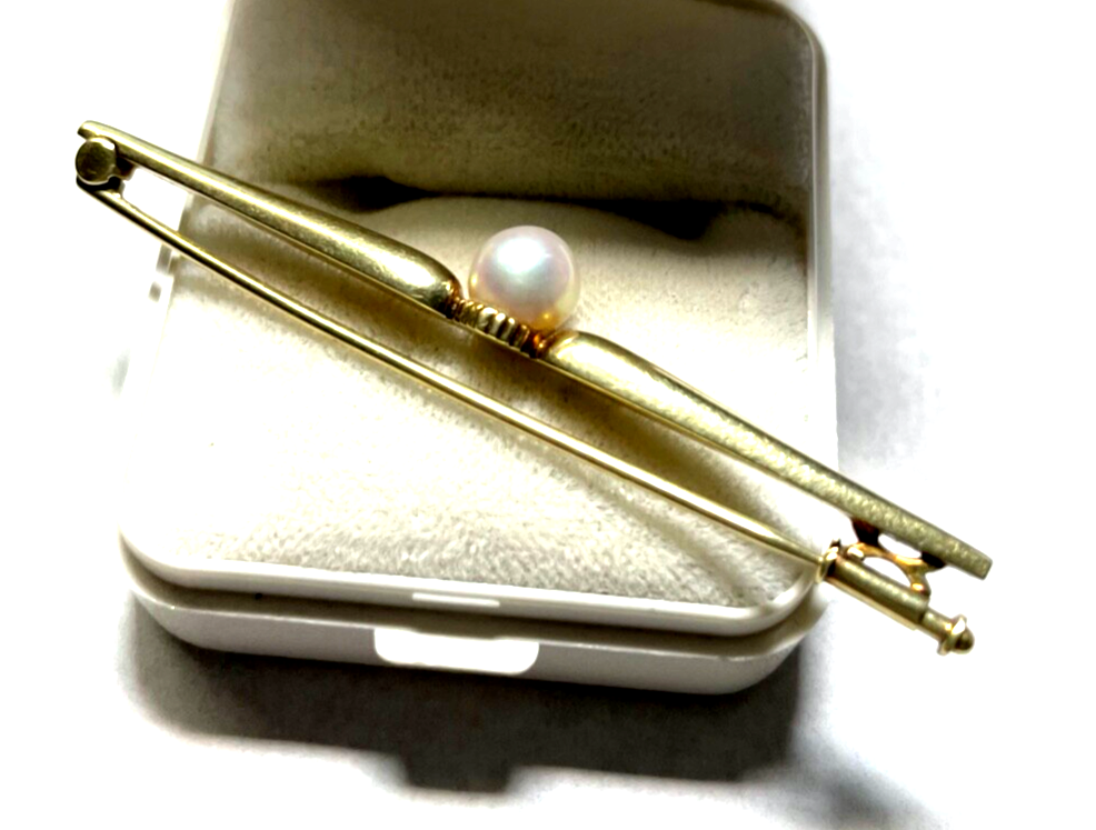 585 Gold 14 K Gelbgold klassische Stabbrosche Anstecknadel mit echter Perle Ø7mm2