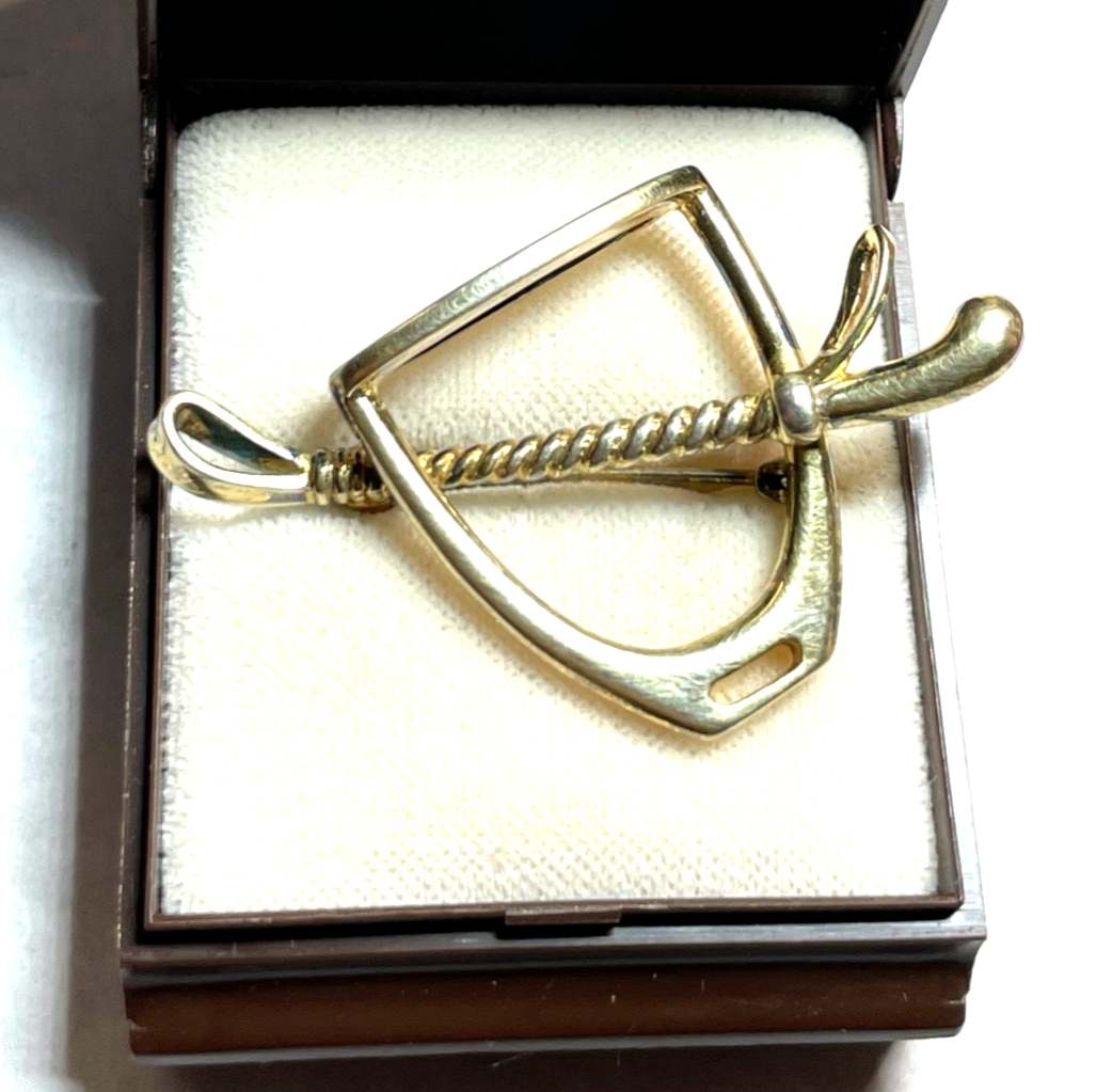 Vintage 925 Silber vergoldet Pferdefreund Brosche Steigbügel + Gerte gepflegt0