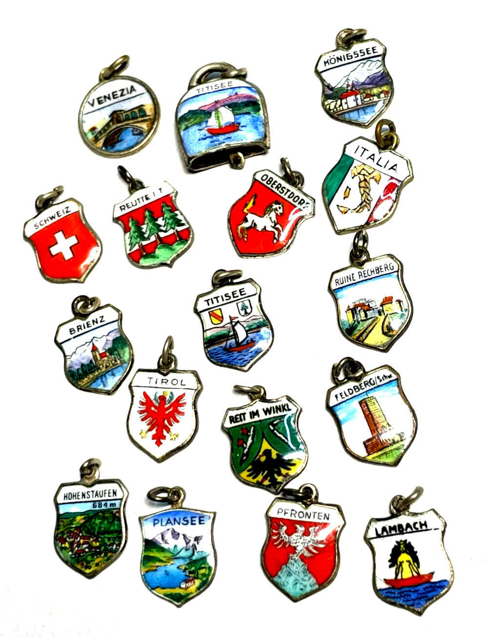 17 verschieden Stadtwappen Bettelarmband Anhänger Emaille Silber Reise Souvenir3