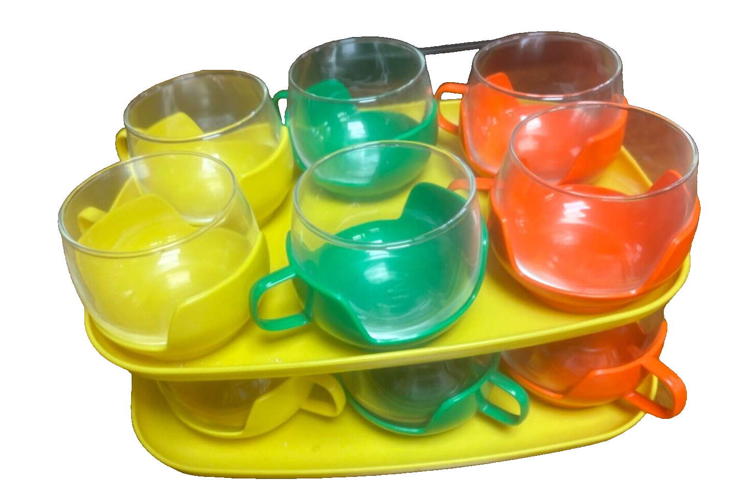 Orig. 70er Jahre 12 Teegläser + 2 Tablett bunter Kunststoff + Glas Topzustand1