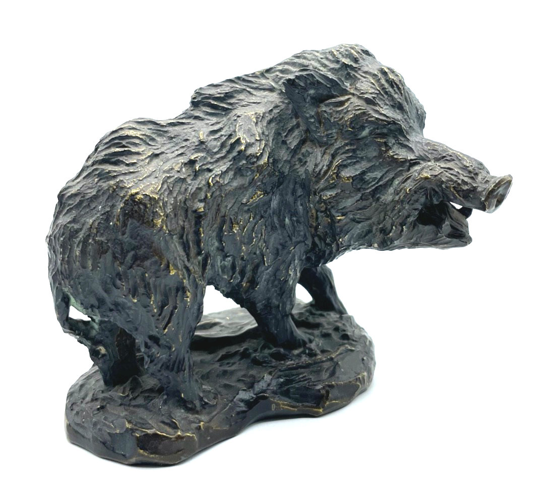 * Vintage Tierplastik Bronze Metallguß Wildsau Wildschwein Keiler Figur Patina1