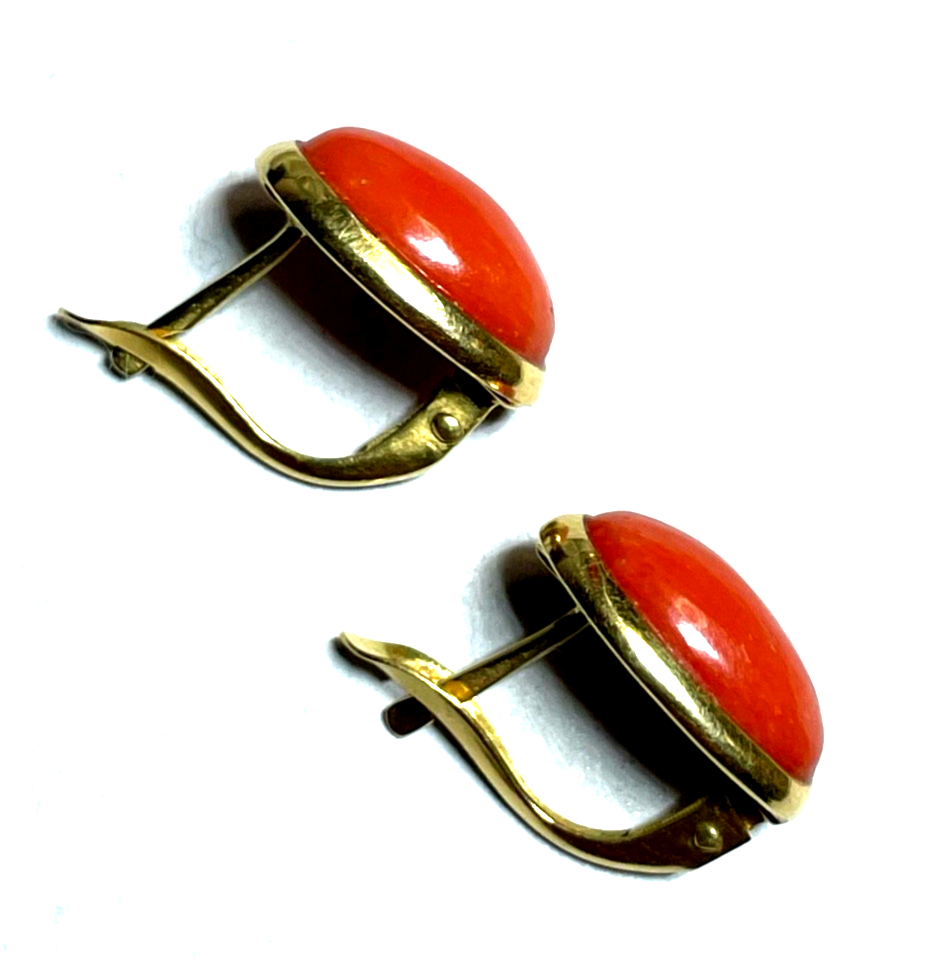 Solide 750 Gold 18 K Ohrringe Natur Lachs Koralle Cabochon Juwelier Klassiker1