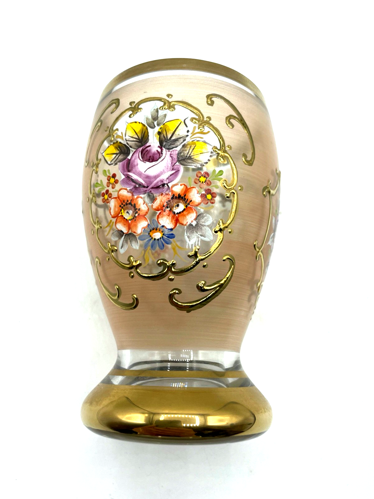 Vintage Pokal satiniertes  Glas Becher handbemalt Ranftbecher Blumen Gold Dekor4