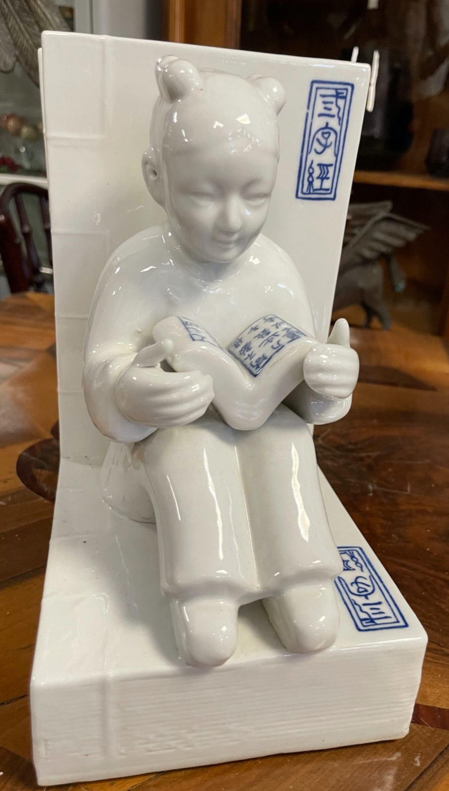 Gr. schwere figürliche Porzellan Buchstützen asiatische Kinder Weiß Blau 4,8 KG3