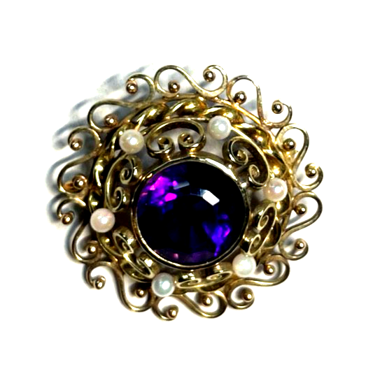 Edle 585 Gold 14 K Brosche mit 1 Amethyst + 6 kleine Orientperlen Juwelier gepfl1