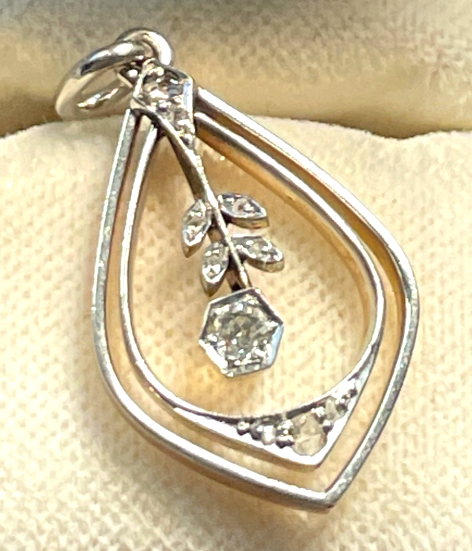 585 Bicolor Gold Art Déco Anhänger 10 Altschliff Brillanten Rosenschliff Juwelie1