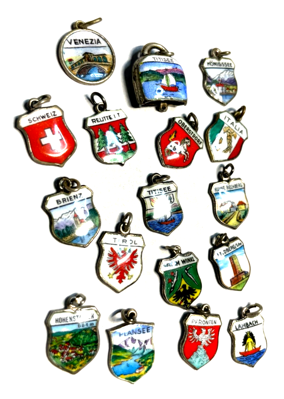 17 diverse Stadtwappen Bettelarmband Anhänger Emaille Silber Reise Souvenir1