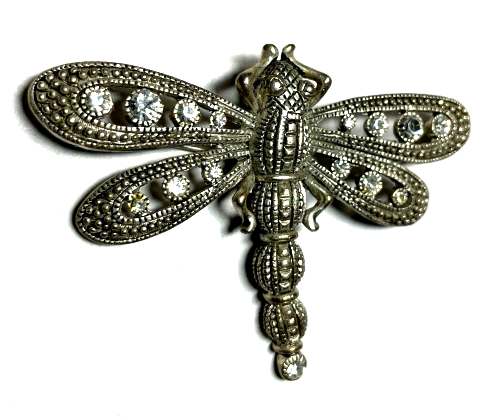Vintage Modeschmuck Brosche große silberfarbige Libelle Dragonfly mit Strass3
