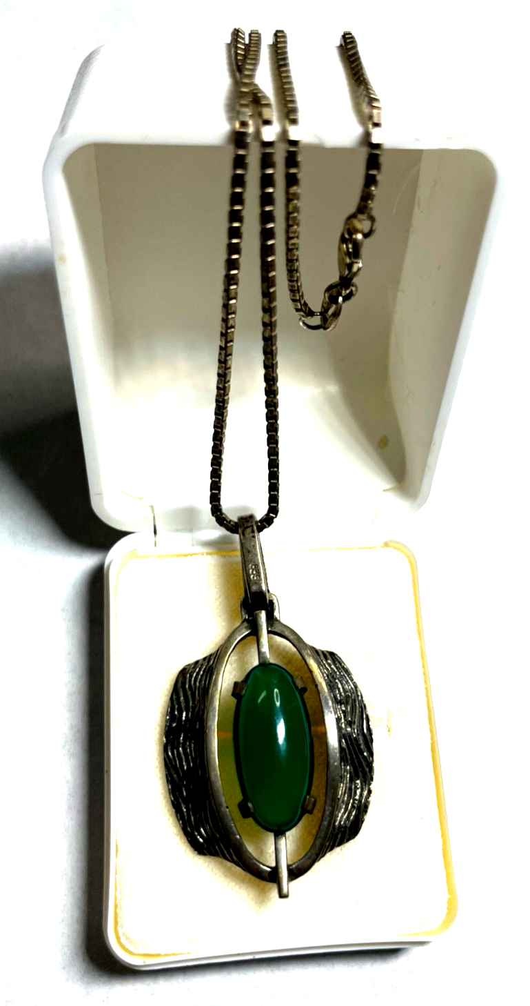 Vintage 70erJ Design 925 Silber Kette + 835 Anhänger Chrysopras Brutalist gepfl.0
