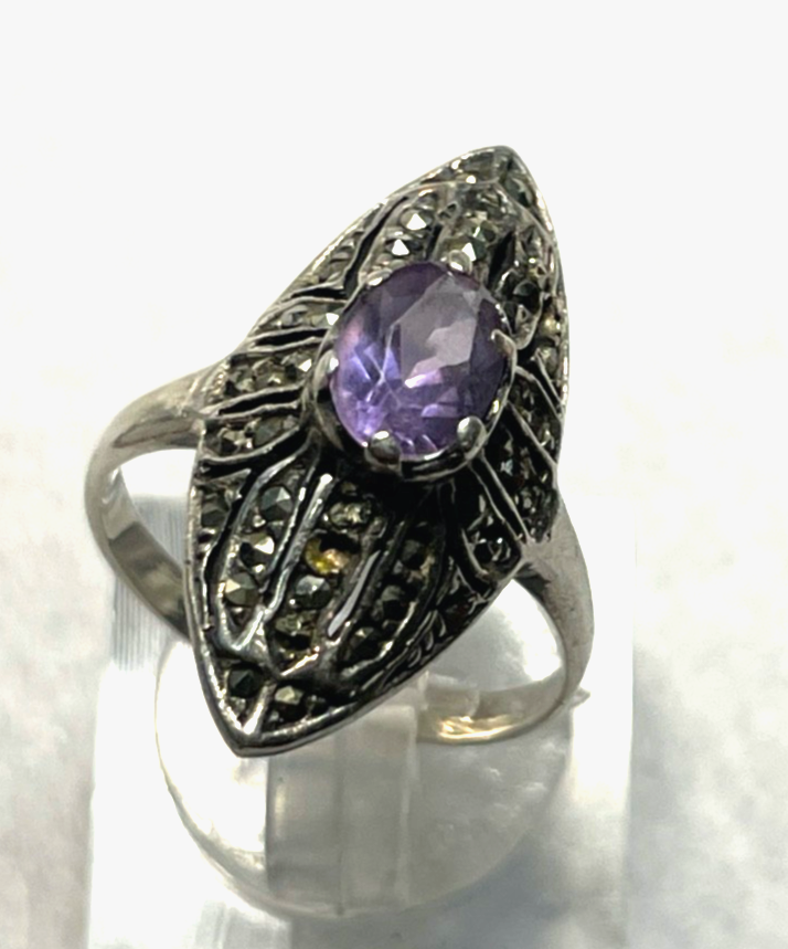 925 Silber Ring mit 1 Amethyst + Markasit antikstil  RG 53 Ø 17mm3