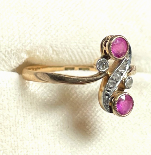 Aparter antik Roségold 585 Ring Rubin Diamant Rosen Ø 16,9 mm RG 53 Juwelier2