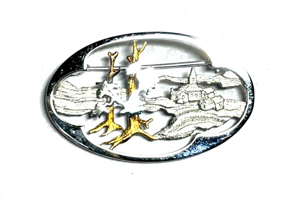 835 Silber Brosche elegant Design rhodiniert teilvergoldet Landscape Durchbruch1