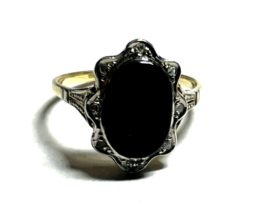 585 Gold 14 K Ring Bicolor orig. Art Deco Onyx Tafel + 8 Diamanten Ø 17,5 RG 550