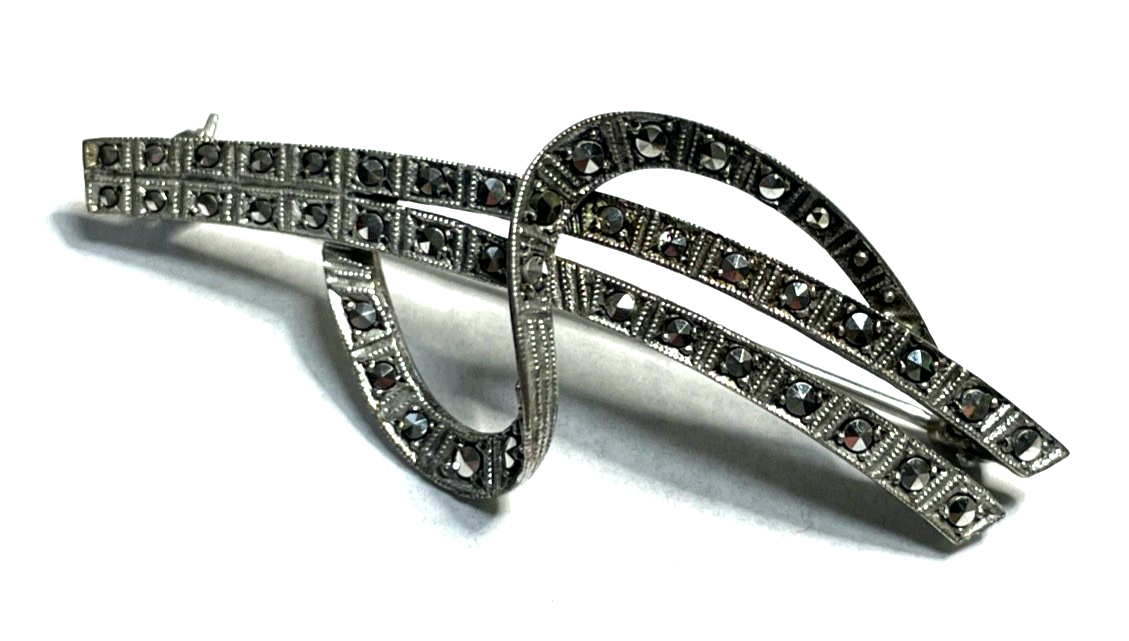 Elegante 835 Silber Brosche Markasit original antik Handarbeit Art Deco Design0