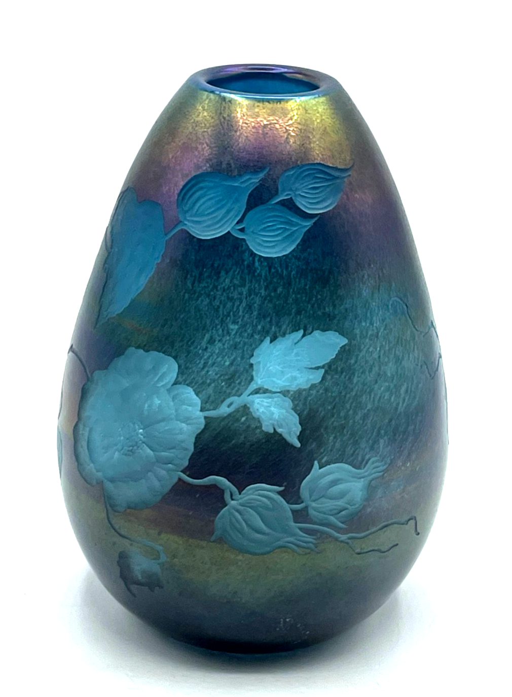 Attraktive Glaskunst Vase Schmid - Jacquet signiert irisierend + geätzte Blumen13
