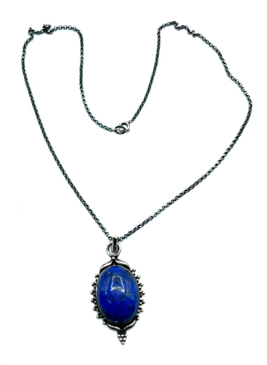 Vintage 835 Silber Anhänger Lapislazuli Cabochon Amulett an Silber Erbskette4