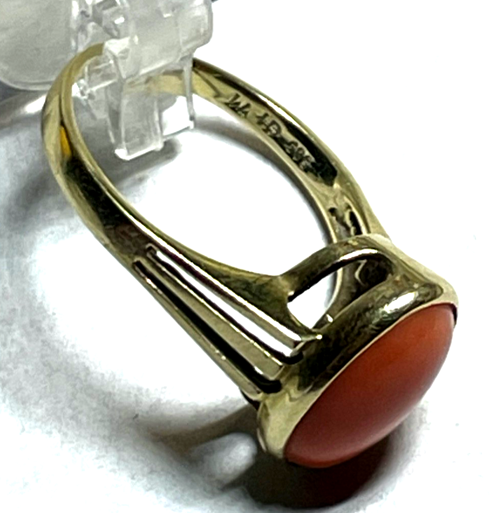 Solider 585 Gold 14 K Ring 19 mm RG 60 Natur Lachs Koralle Cabochon Juwelier8