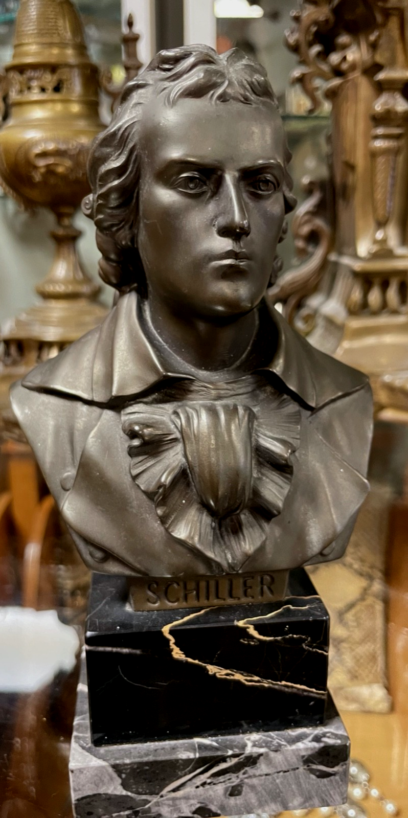 Antik Friedrich von Schiller Metall Büste auf Marmor Plinthe gepflegt H 18,5 cm4