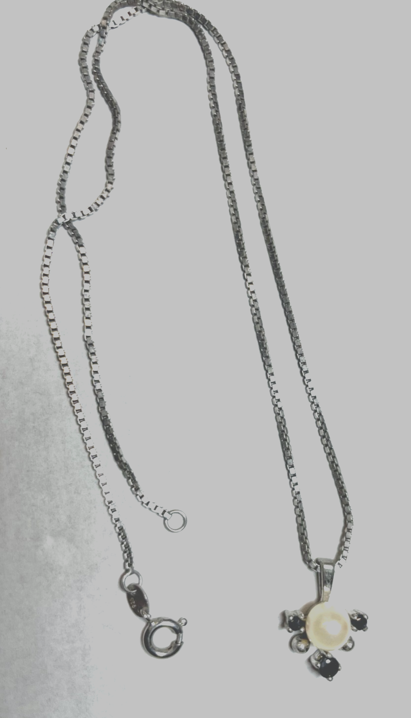 925 Silber Venezianer Kette 42 cm mit elegantem Anhänger 1 Akoya Perle 3x Saphir2