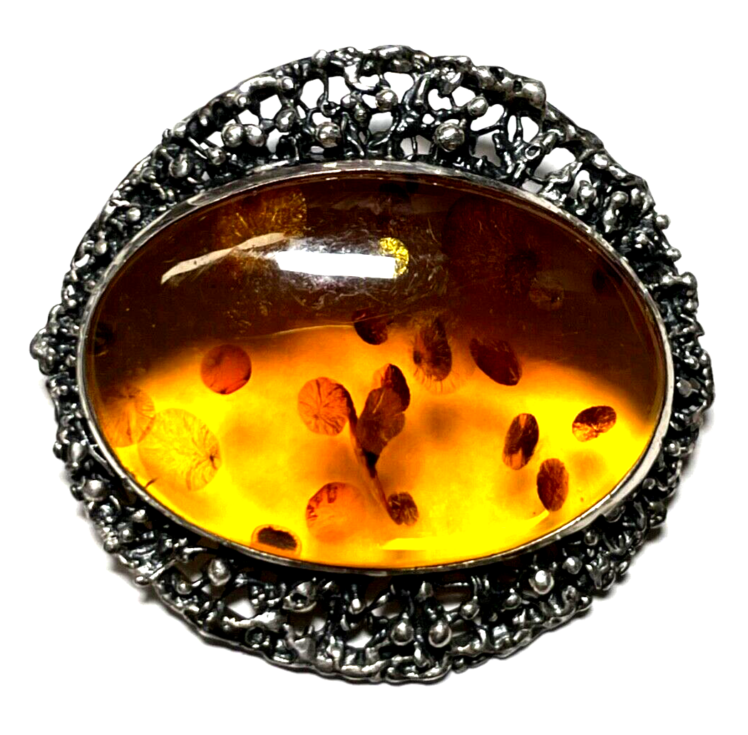 925 Silber Brosche Designer Anstecknadel / Anhänger Bernstein Cabochon Inklusen10