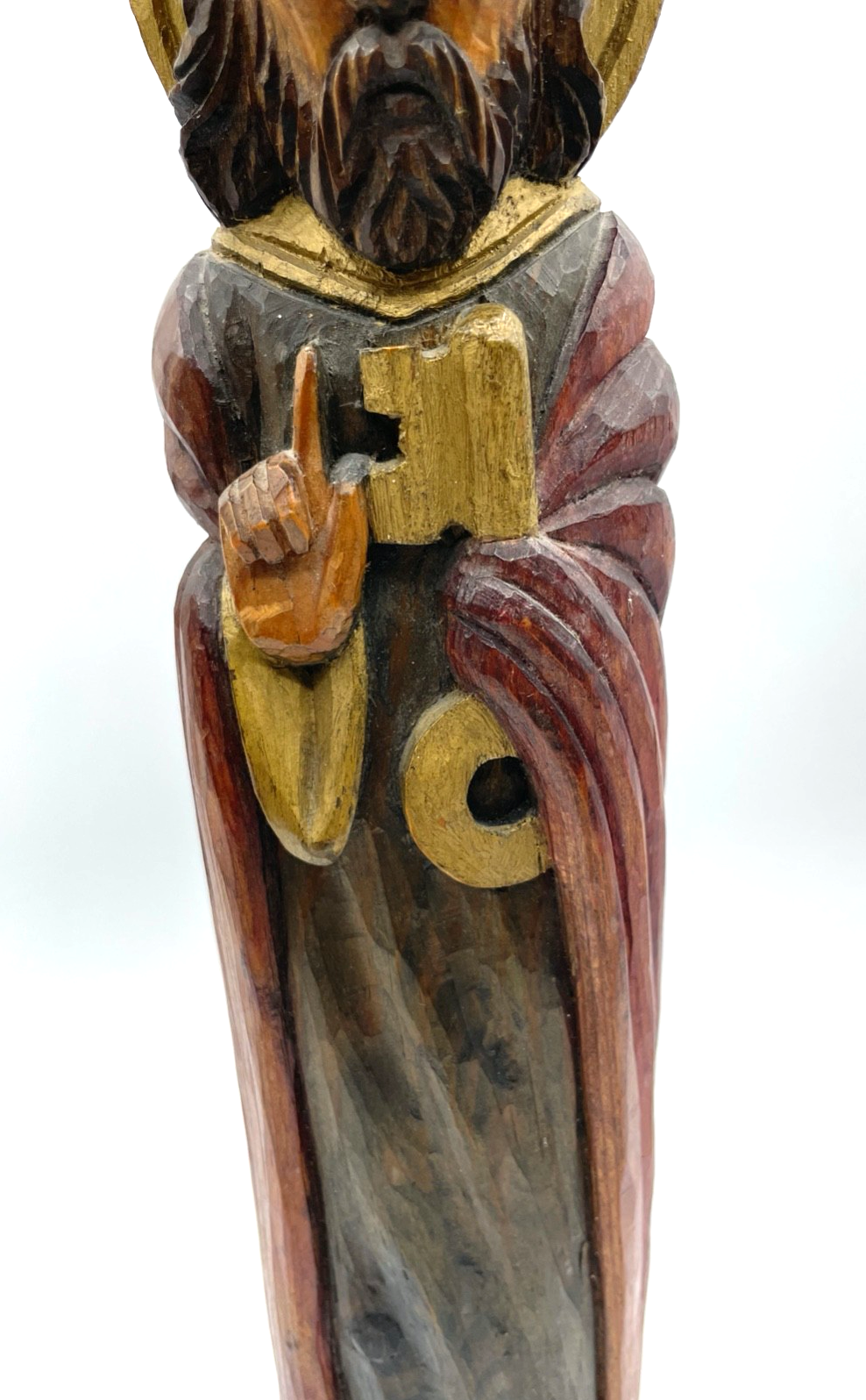 Alte Petrus Figur Holzfigur Handarbeit farblich gefasst Holzschnitzerei H 35 cm3