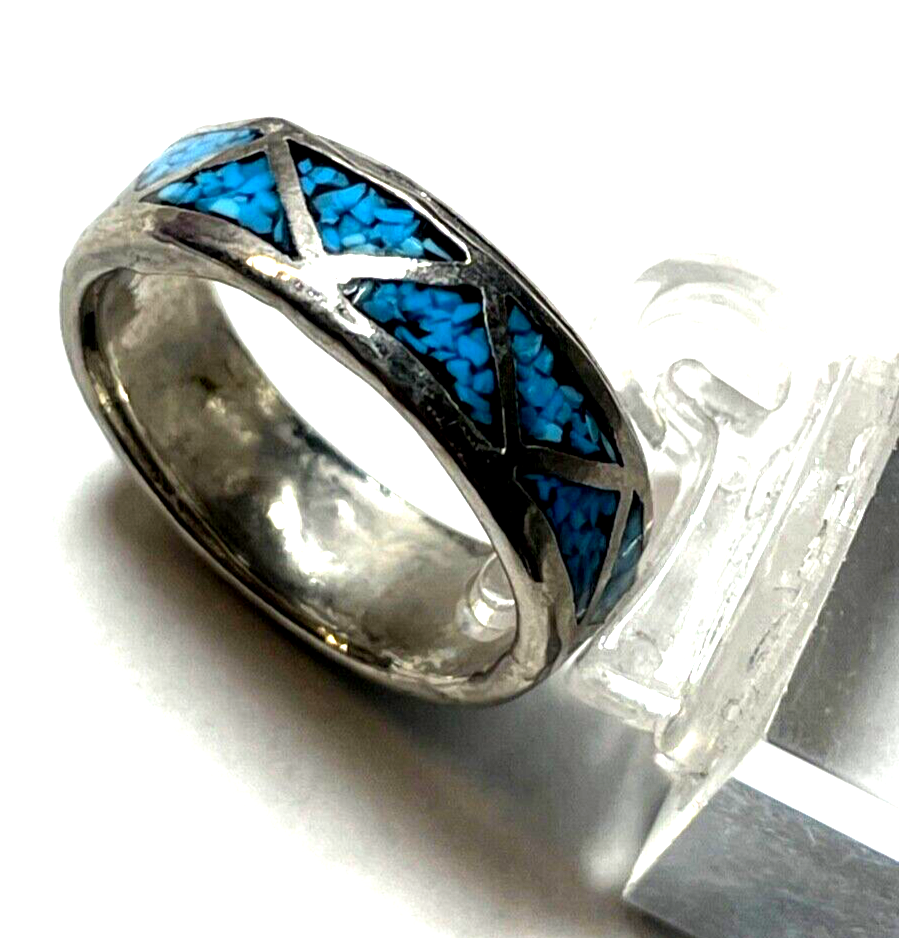 Aparter vintage unisex Bandring 925 Silber Ring mit Türkis Mosaik Ø 17,5mm RG 557