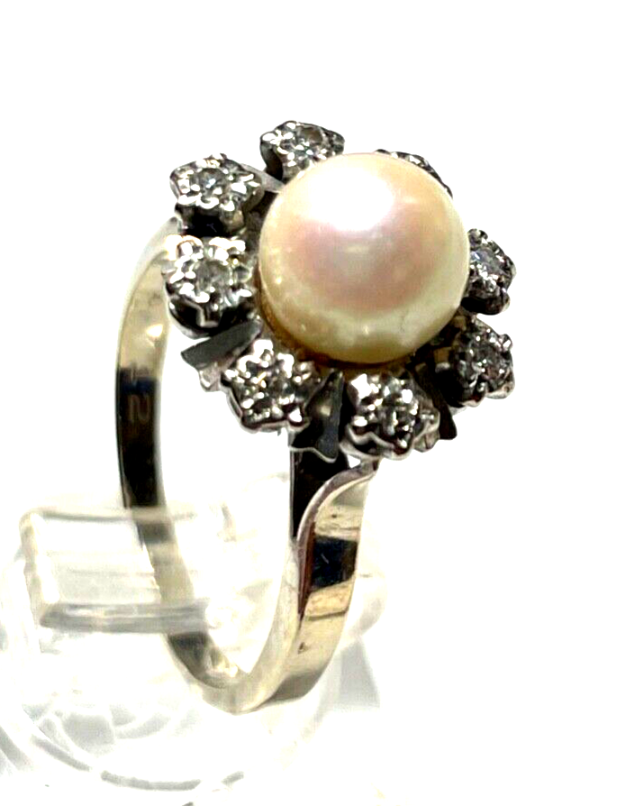 750 Gold 18 K Ring Weißgold Akoya Perle + 8 Brillanten klassisch Juwelier RG 546