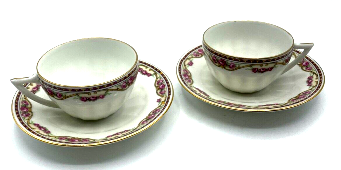 2x antik Porzellan Tasse + Unterteller Lamotte France Motiv Rose Ranke 30erJ rar0