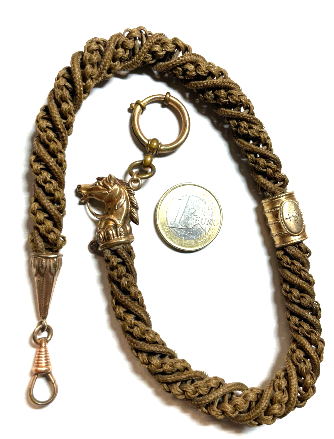 Antik Biedermeier Haarkette Uhrkette Taschenuhrkette Motiv Pferd Dubleegold gepf1