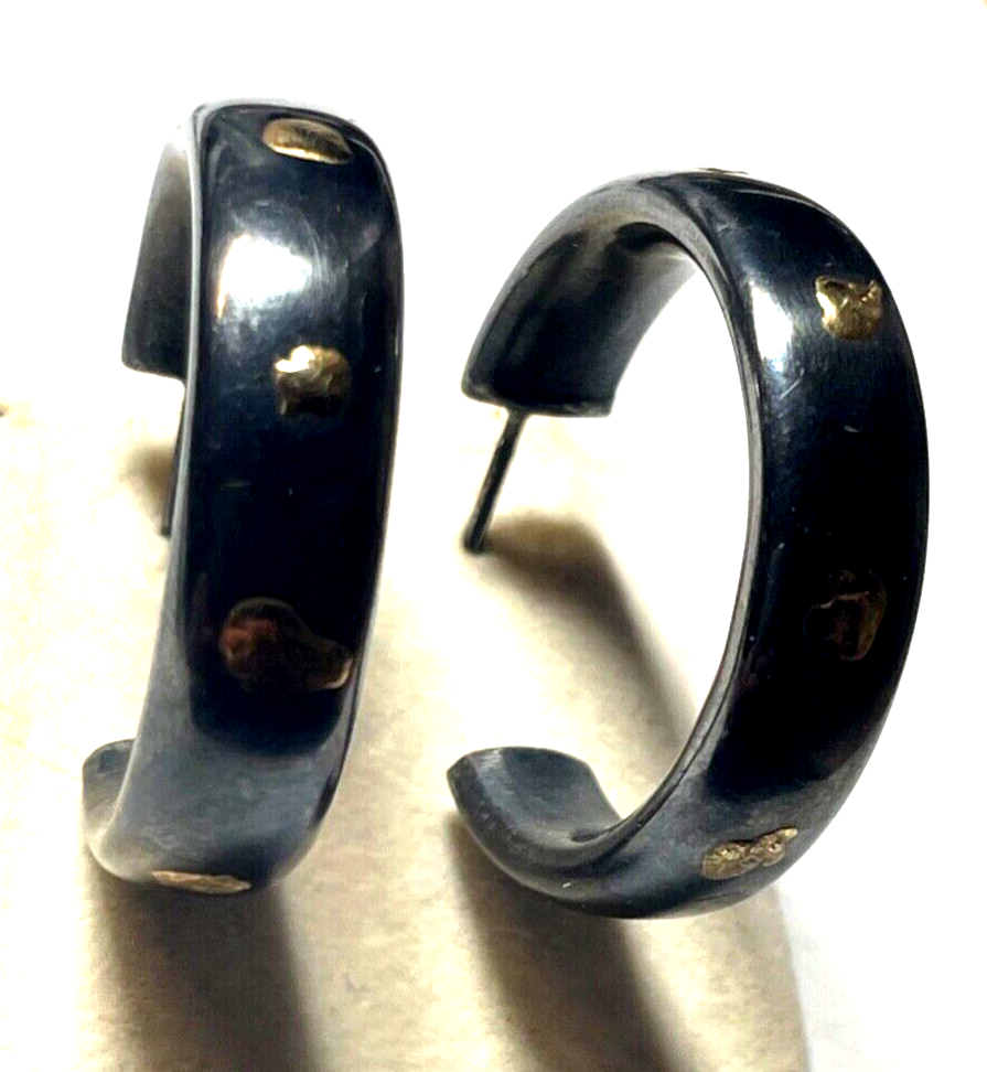 Massive stattliche 925 Silber Creolen Ohrringe geschwärzt Echtgold Dekor Ø 3 cm12