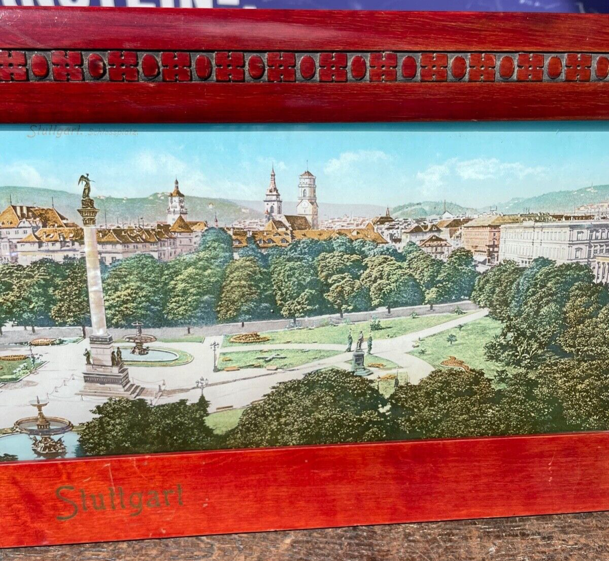 Jugendstil gr Souvenir Bild Stuttgart gerahmt Perlmutt Reiseandenken 1900 L 48cm5